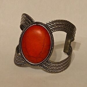 Vintage-Inspired Silver Bracelet with Red Stone
